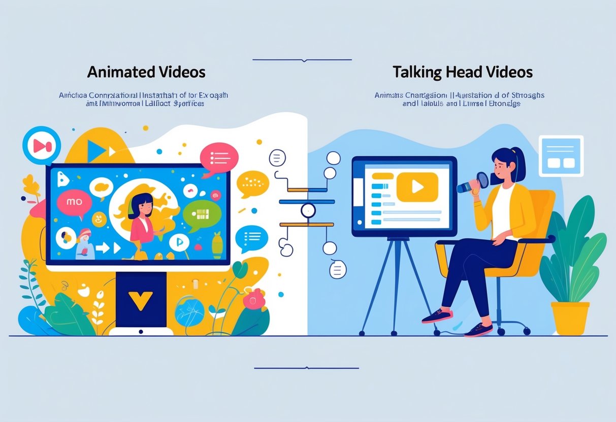 A split scene showing an animated video with colourful characters and dynamic elements on one side, and a person speaking in a studio setup on the other side, illustrating a comparison between animated and talking head videos.