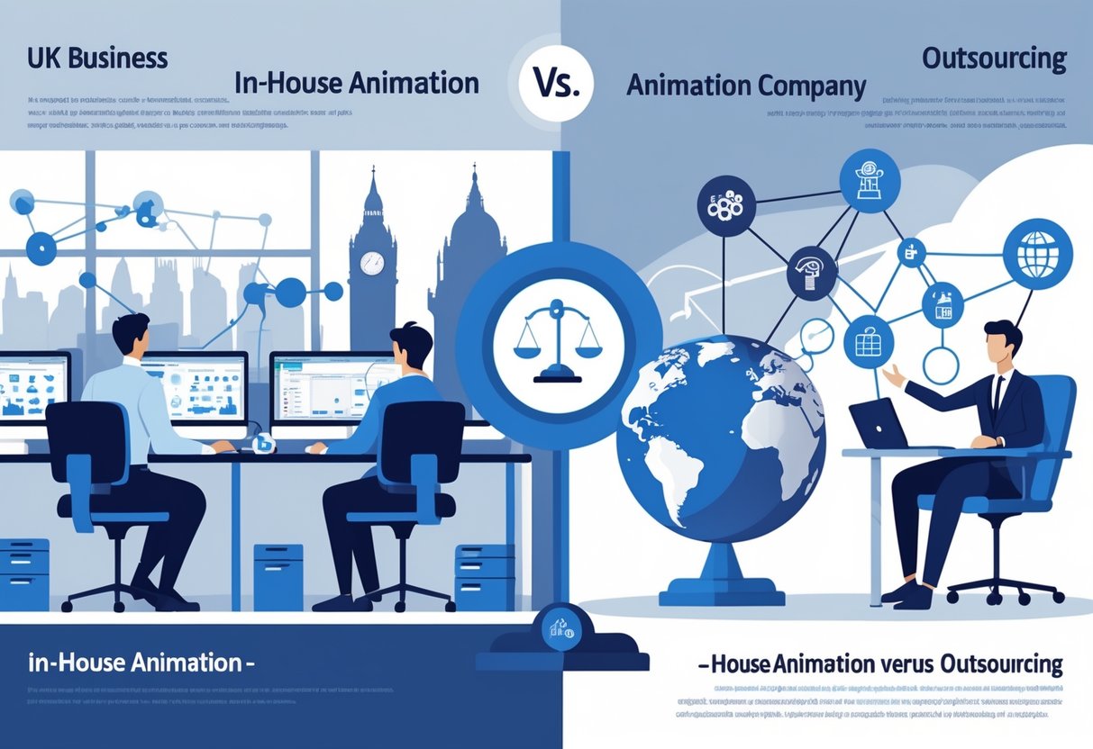 An office scene showing a UK business comparing in-house animation work with outsourcing, featuring a balance scale between a team working inside an office and a remote animation company connected globally.