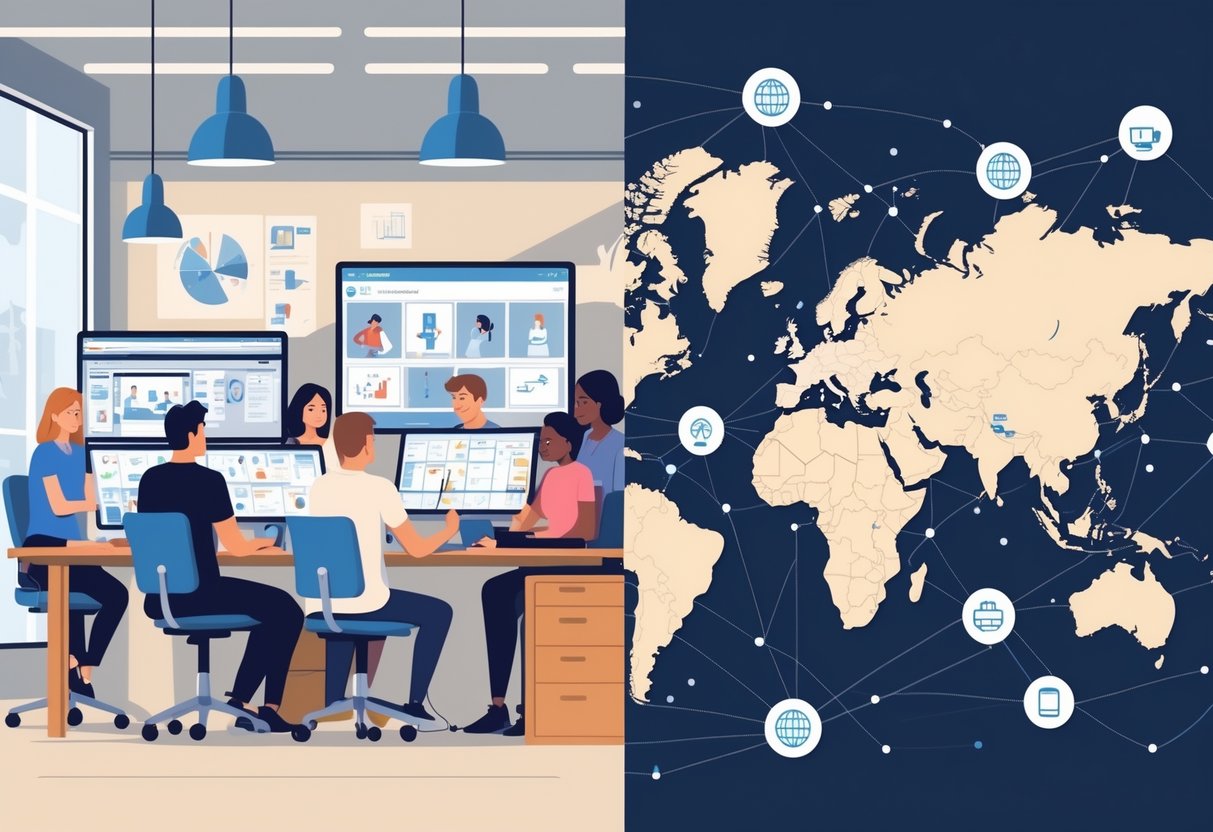 A split scene showing an in-house animation studio with a team working together on computers on one side, and remote animators connected globally through a digital network on the other side.