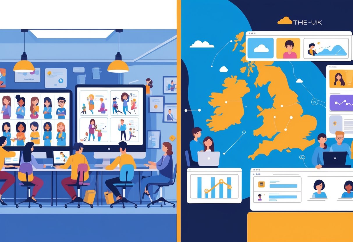 A split scene showing an in-house animation studio with animators working together and a remote outsourcing setup connected through digital networks, with UK-themed background elements.