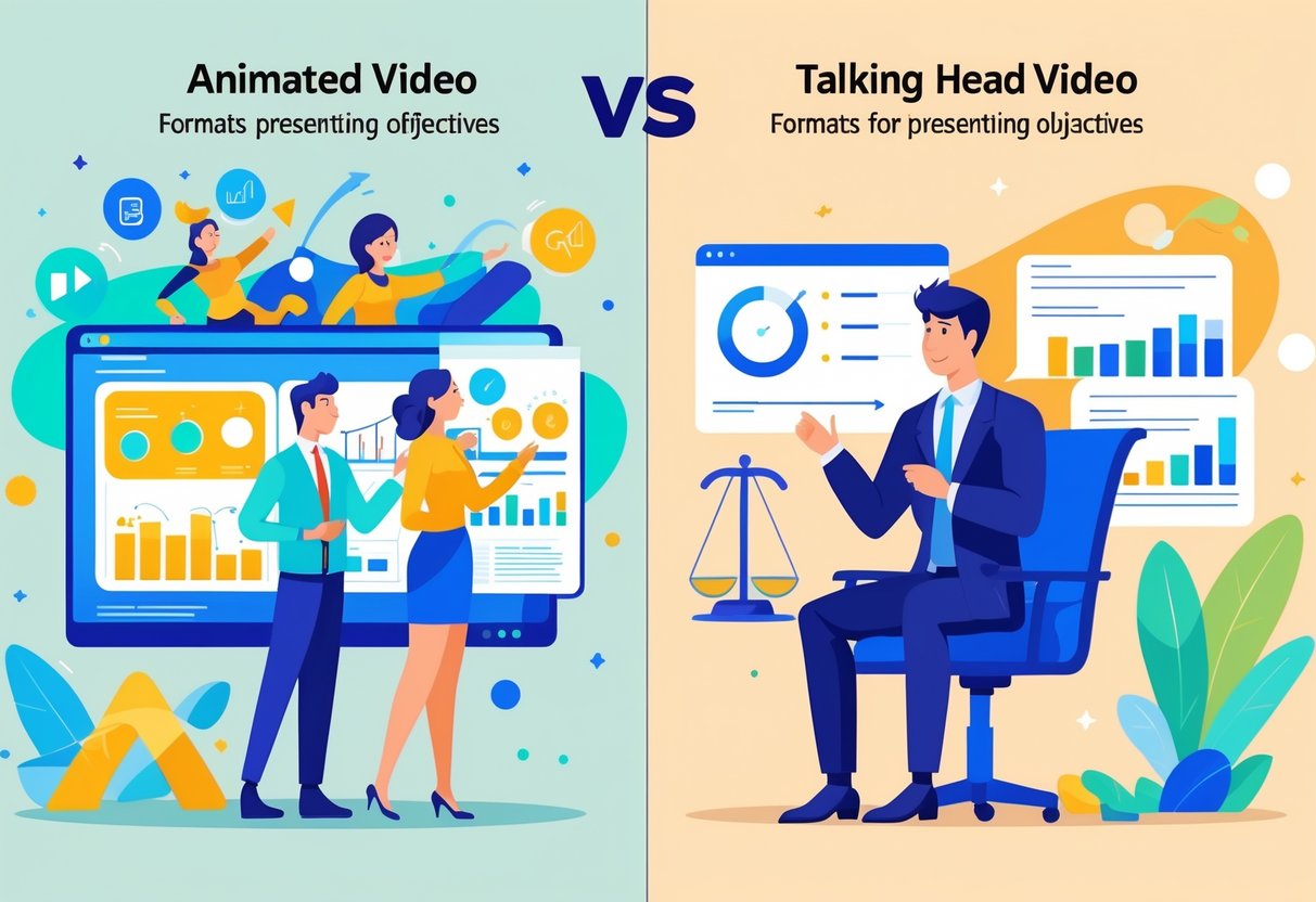 A split scene showing an animated video with colourful characters and graphics on one side and a person speaking in a studio on the other side.