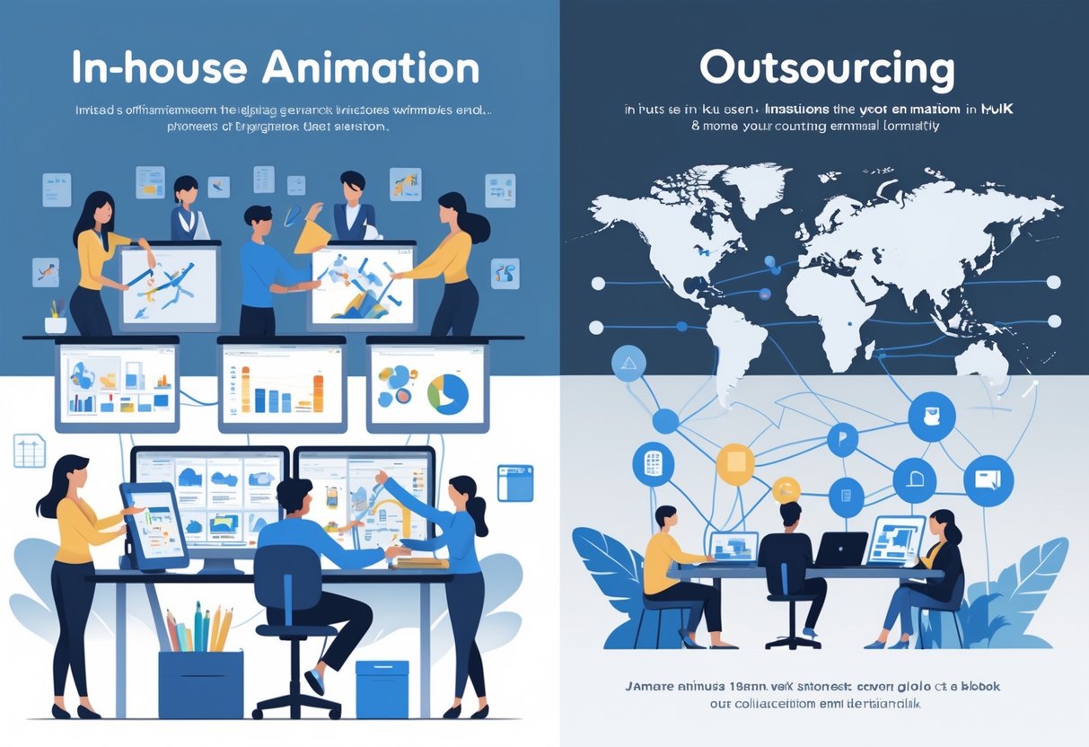 A split scene showing an in-house animation team working together in an office on one side, and remote animation teams connected globally to the UK on the other side.