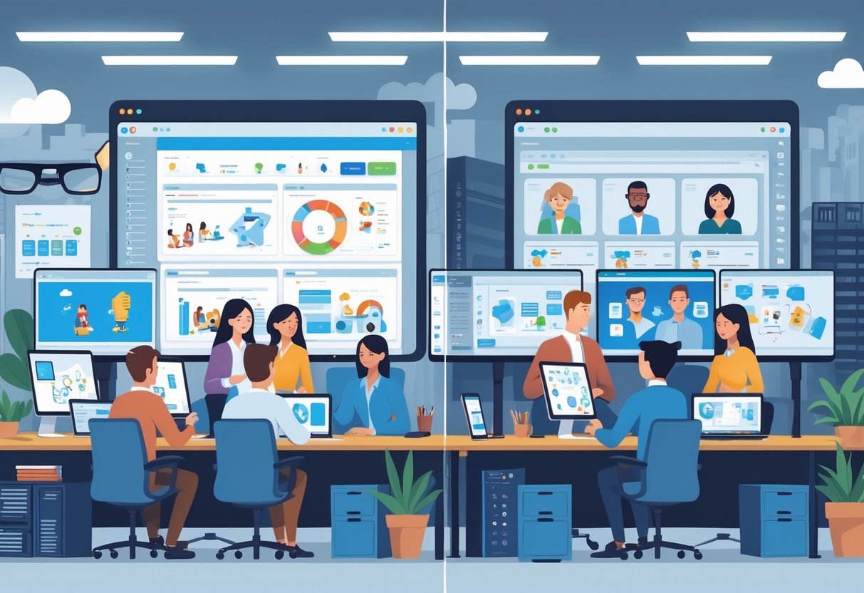 An office scene split into two parts showing an in-house animation team working together with computers and software on one side, and a remote outsourcing studio connected via video calls on the other side, with UK landmarks in the background.