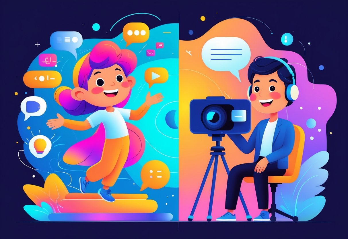 A side-by-side scene showing an animated character on one side and a person speaking to a camera on the other.