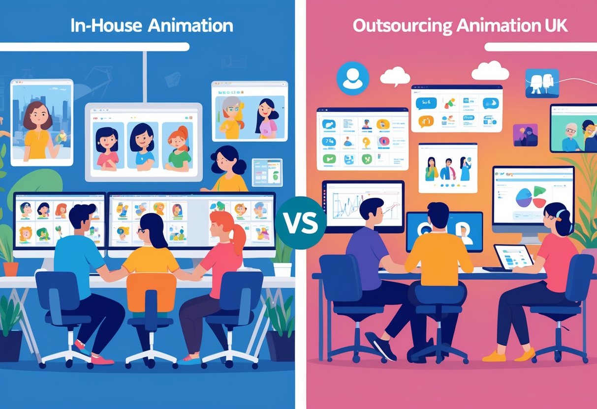 A split scene showing an in-house animation team working together in an office and a remote animation team collaborating online, with UK symbols in the background.