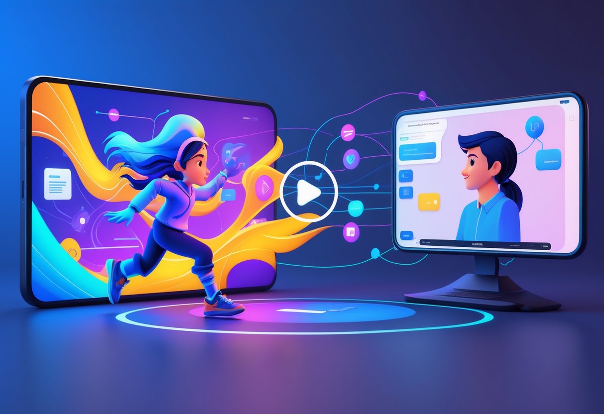 A comparison scene showing an animated character and a person speaking to a camera, connected by digital icons representing video communication technology.