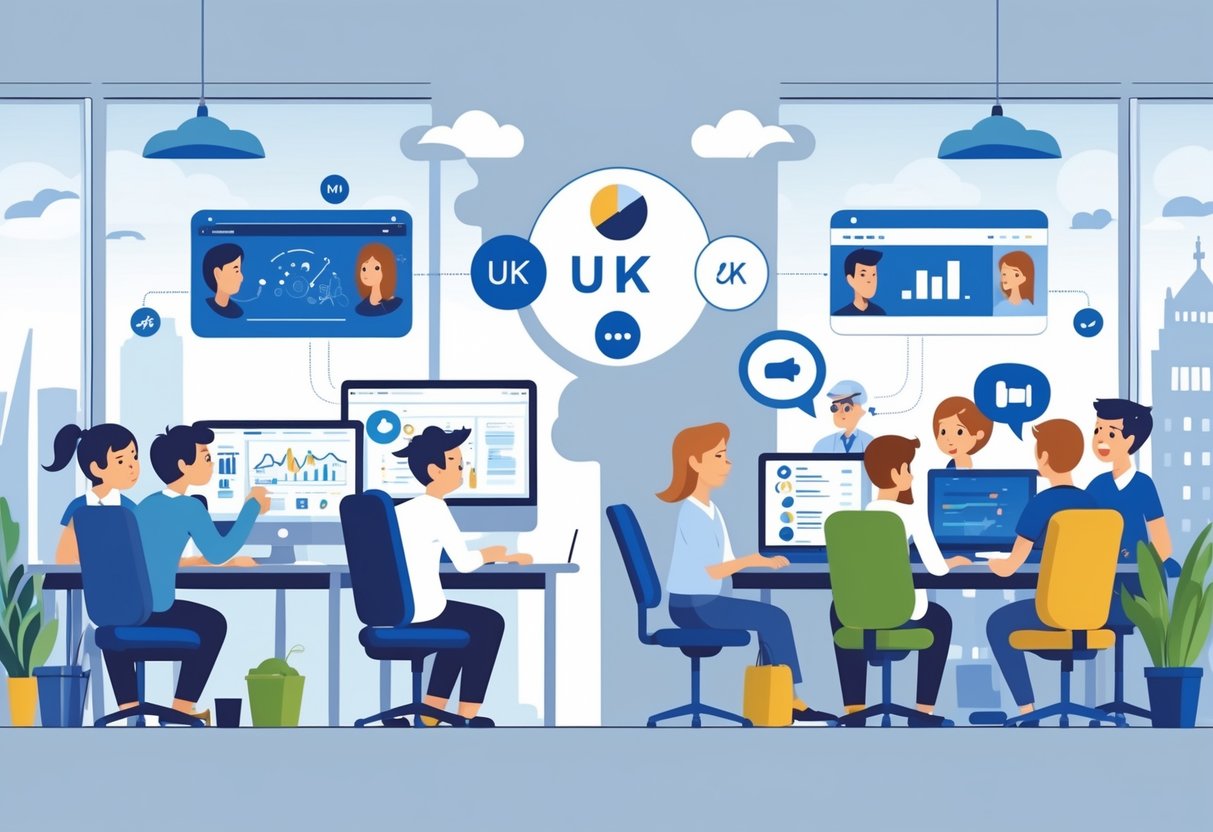 A balanced scene showing an office team working on animation on one side and remote animators collaborating online on the other, illustrating challenges of in-house animation versus outsourcing in the UK.