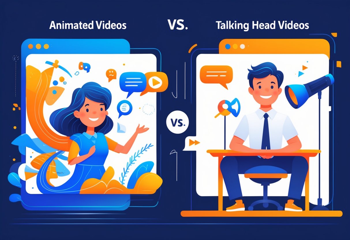 A split scene showing an animated video with colourful characters on one side and a person speaking in front of a camera on the other, highlighting the difference between animation and talking head videos.