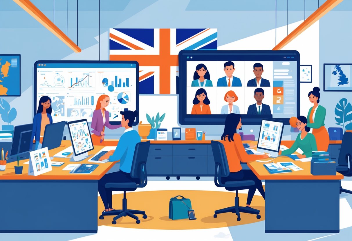 Two teams working on animation projects in a UK business office, one in-house team at desks and another connected remotely via video call.