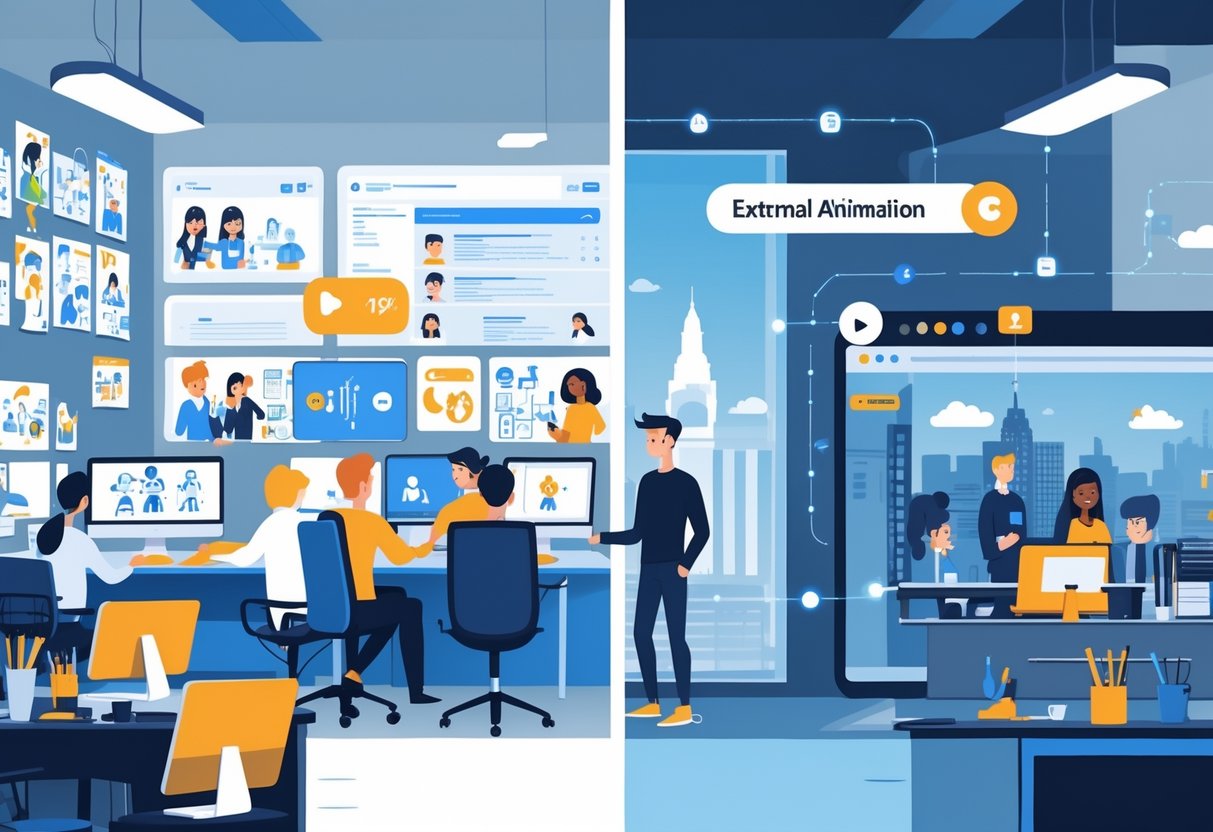 A split scene showing an in-house animation team working together in an office on one side and an external animation studio representing outsourcing on the other, connected by digital communication symbols.