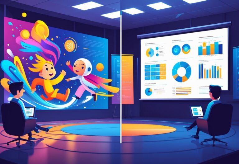 A split scene showing a lively animation with colourful characters on one side and a formal PowerPoint presentation with slides and charts on the other side in an office setting.