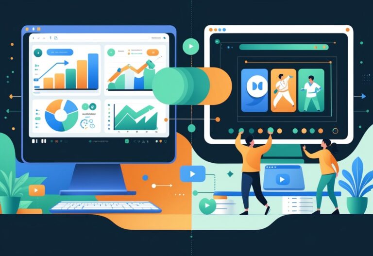 A split scene showing motion graphics with charts and icons on one side and animated characters in dynamic poses on the other, set in a modern digital workspace.