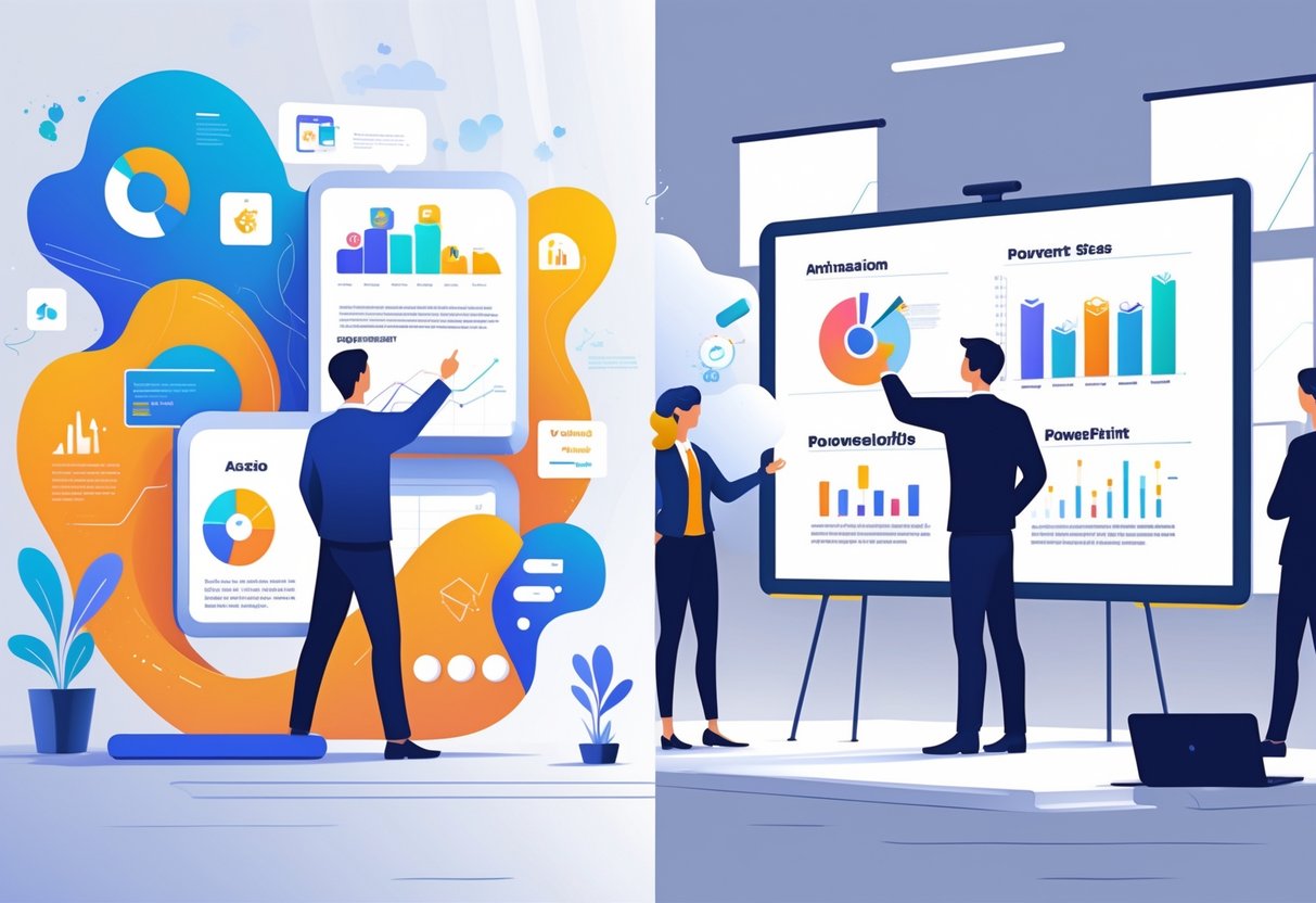 A split scene showing a person using animated graphics on one side and another person presenting with a PowerPoint slide in a modern office setting.