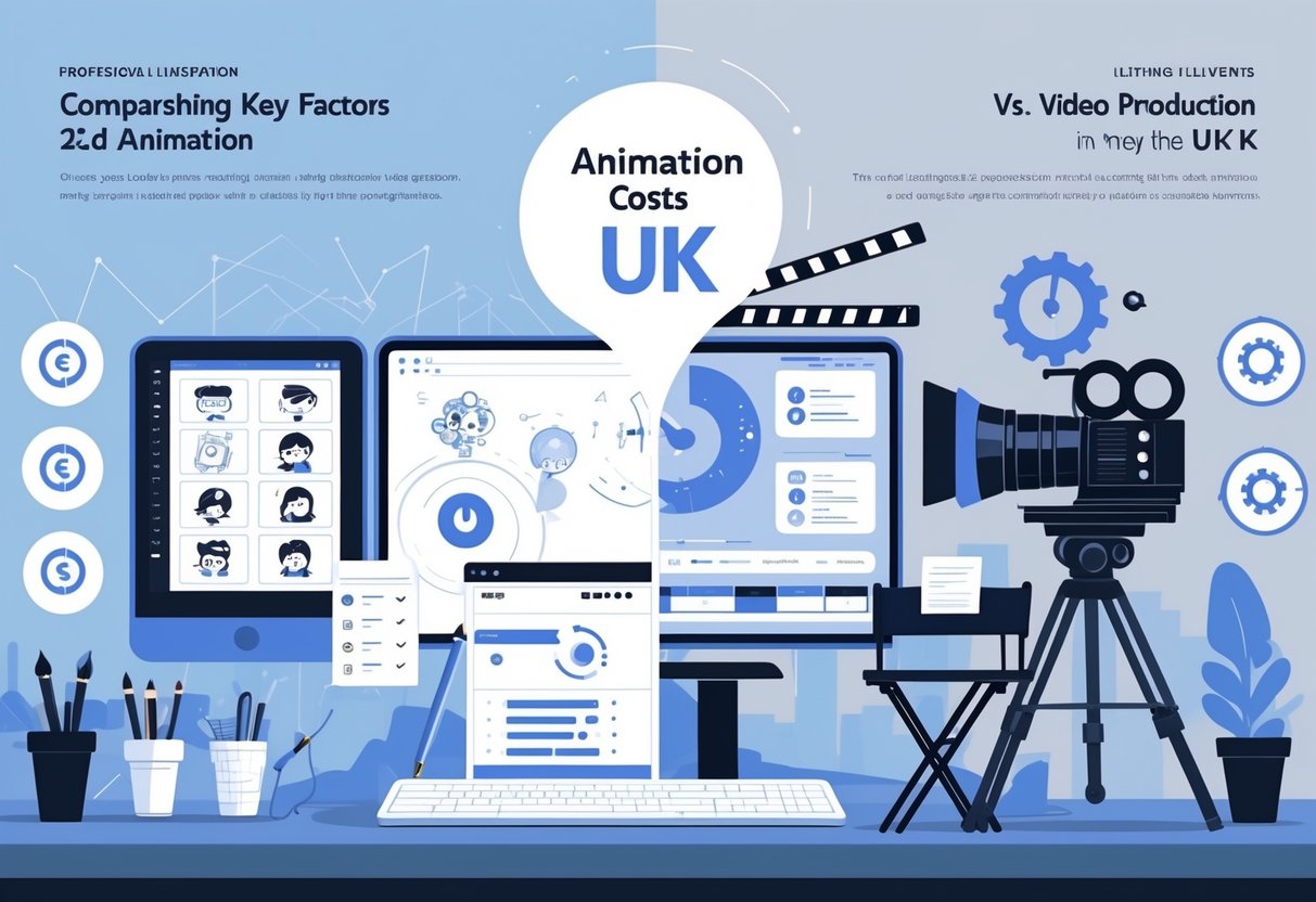 A split scene showing tools and equipment for 2D animation on one side and video production on the other, with symbols representing cost factors between them and a faint UK map in the background.