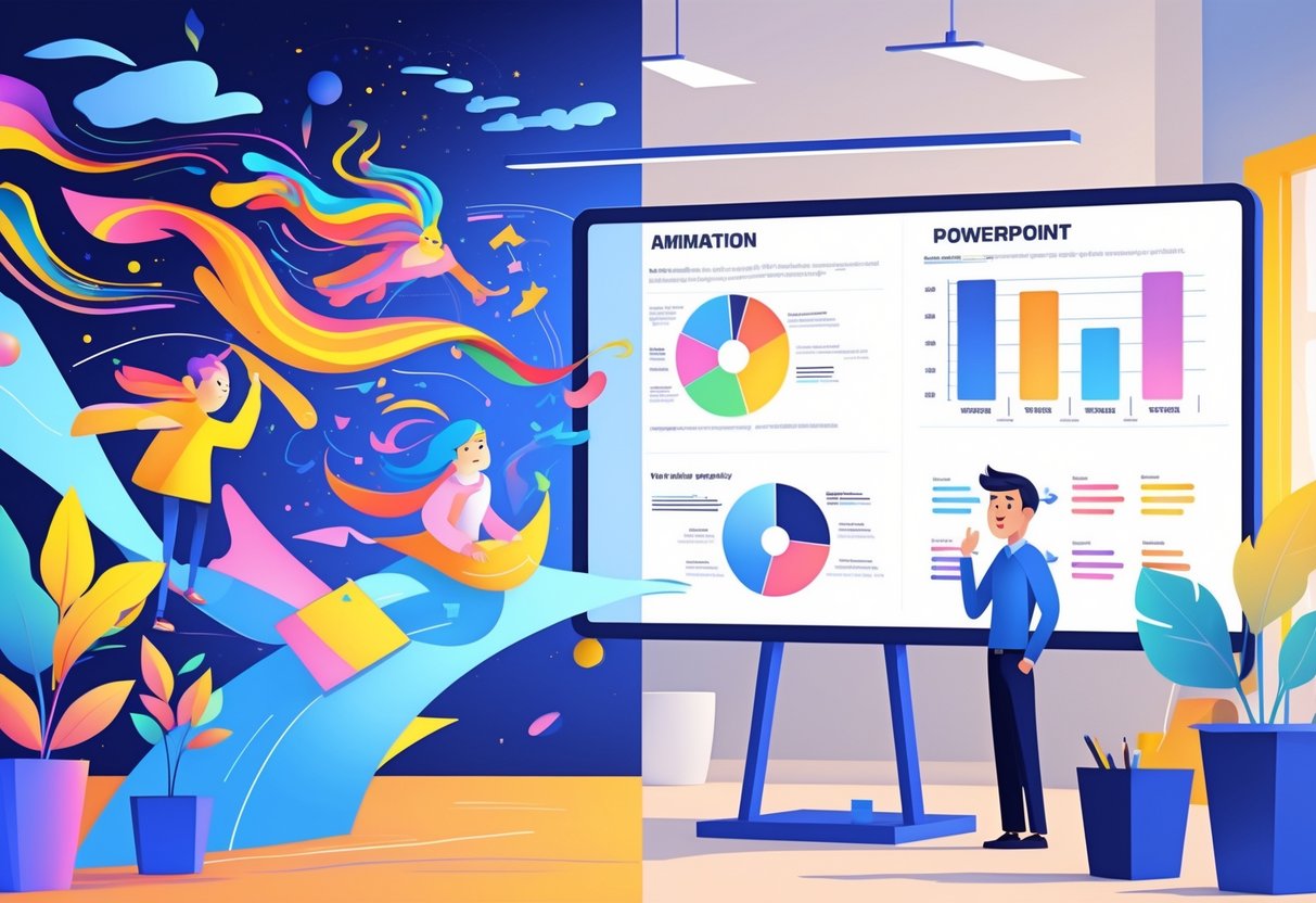 A split-screen scene showing a lively animation on one side and a person giving a static PowerPoint presentation on the other, highlighting differences and challenges in presentation styles.