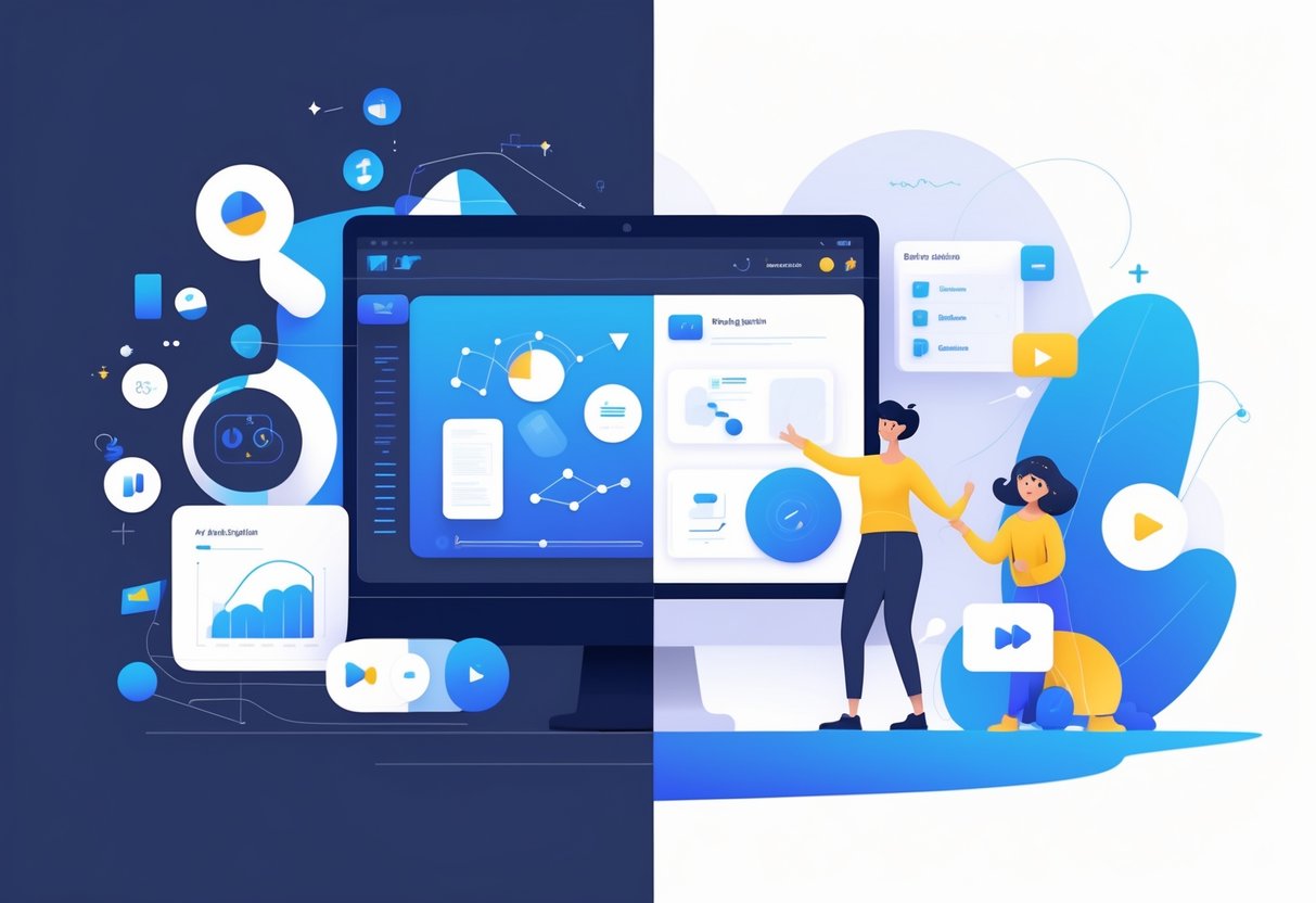 A split-screen image showing abstract shapes and charts on one side representing motion graphics, and characters acting out a story on the other side representing animation for explainer videos.