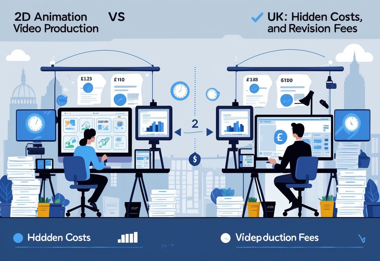 Two workspaces side by side showing a 2D animation studio with artists and a video production set with cameras and lighting, with visual elements representing hidden costs and revision fees between them.