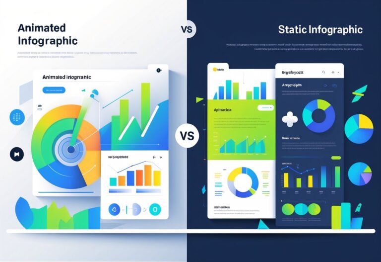 Two side-by-side infographic visuals, one showing dynamic, moving elements and the other showing static charts and graphs.