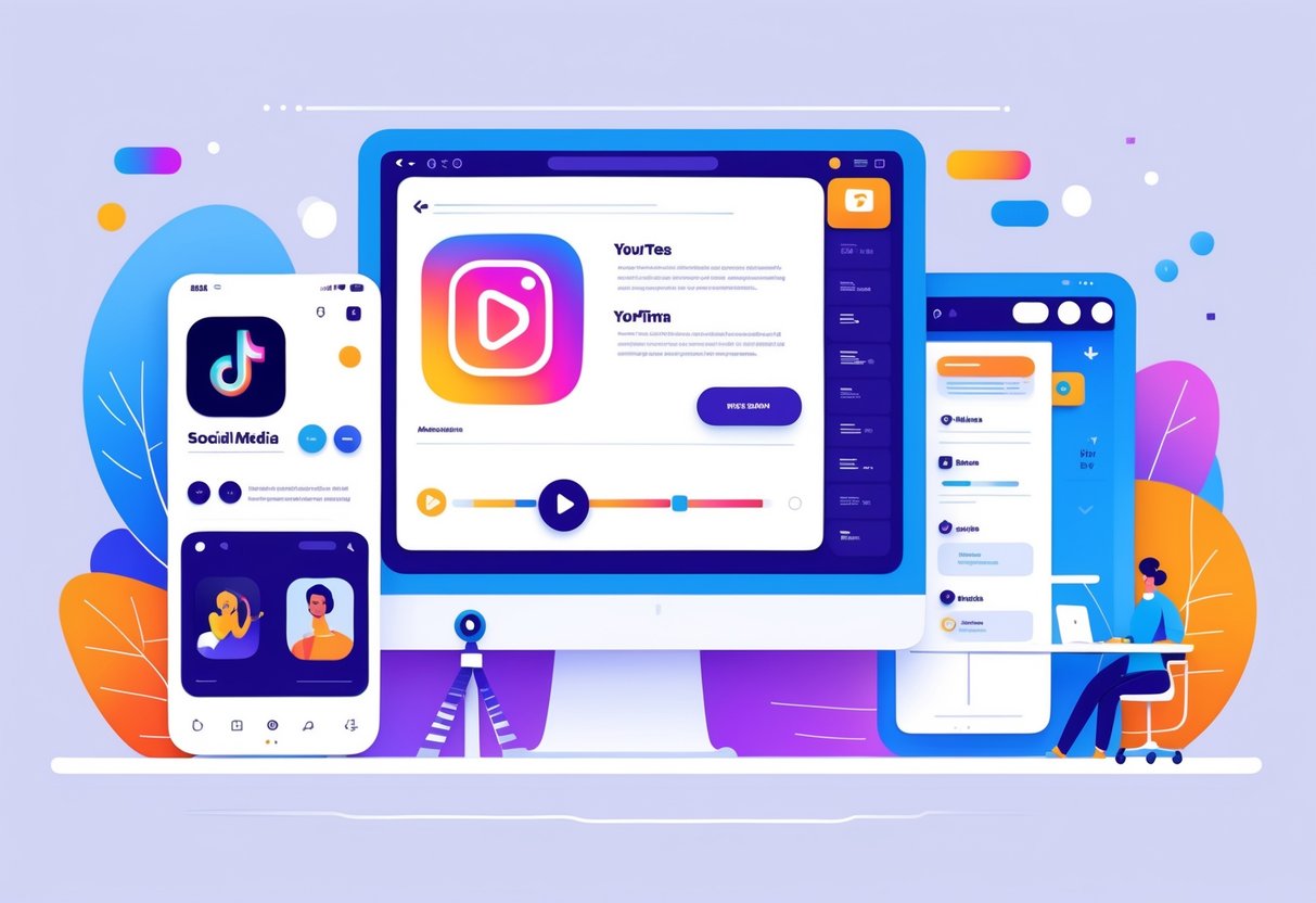 Three connected panels showing different animation styles for social media, YouTube, and websites, each with distinct visual elements representing their unique uses.