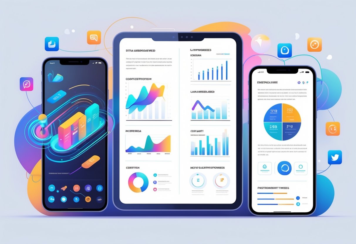 Two digital devices side by side showing an animated infographic on one and a static infographic on the other, surrounded by icons representing various digital platforms.