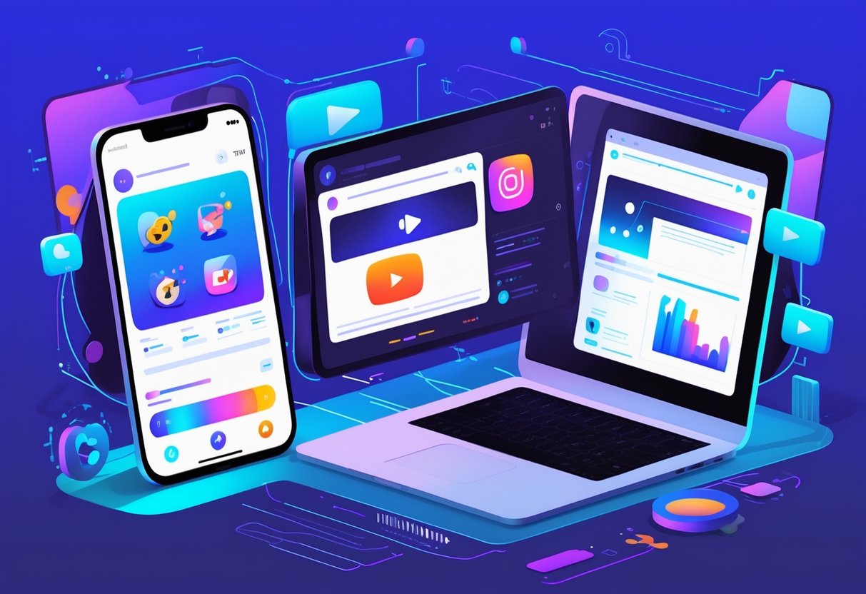 Illustration showing animation styles on social media, YouTube, and websites with devices displaying animated content in three connected sections.