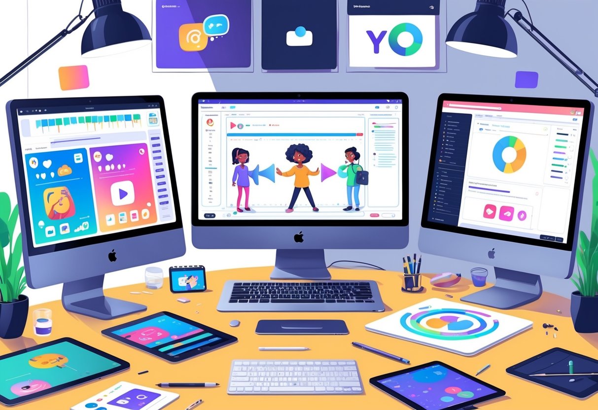 A creative workspace divided into three parts showing animation creation for social media, YouTube, and websites with computers displaying animation software and related tools around.