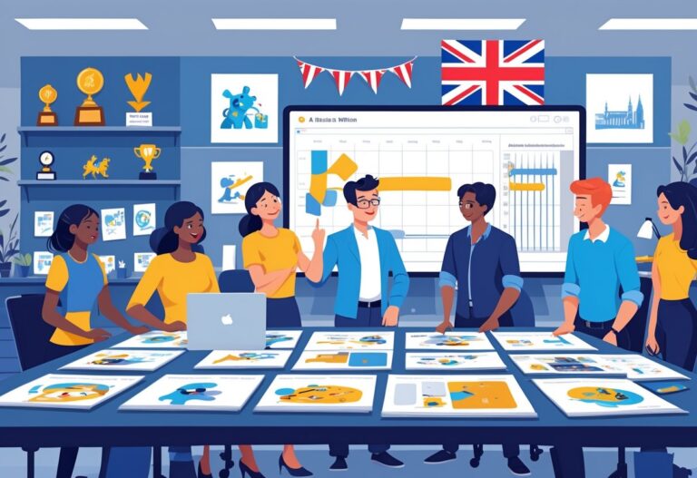 A group of people working together in an animation studio office with storyboards, digital tablets, and UK-themed decorations.