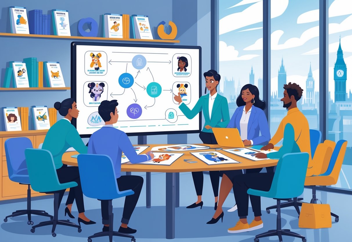 A team of creative professionals working together around a table with animation sketches and digital devices in a modern office setting.