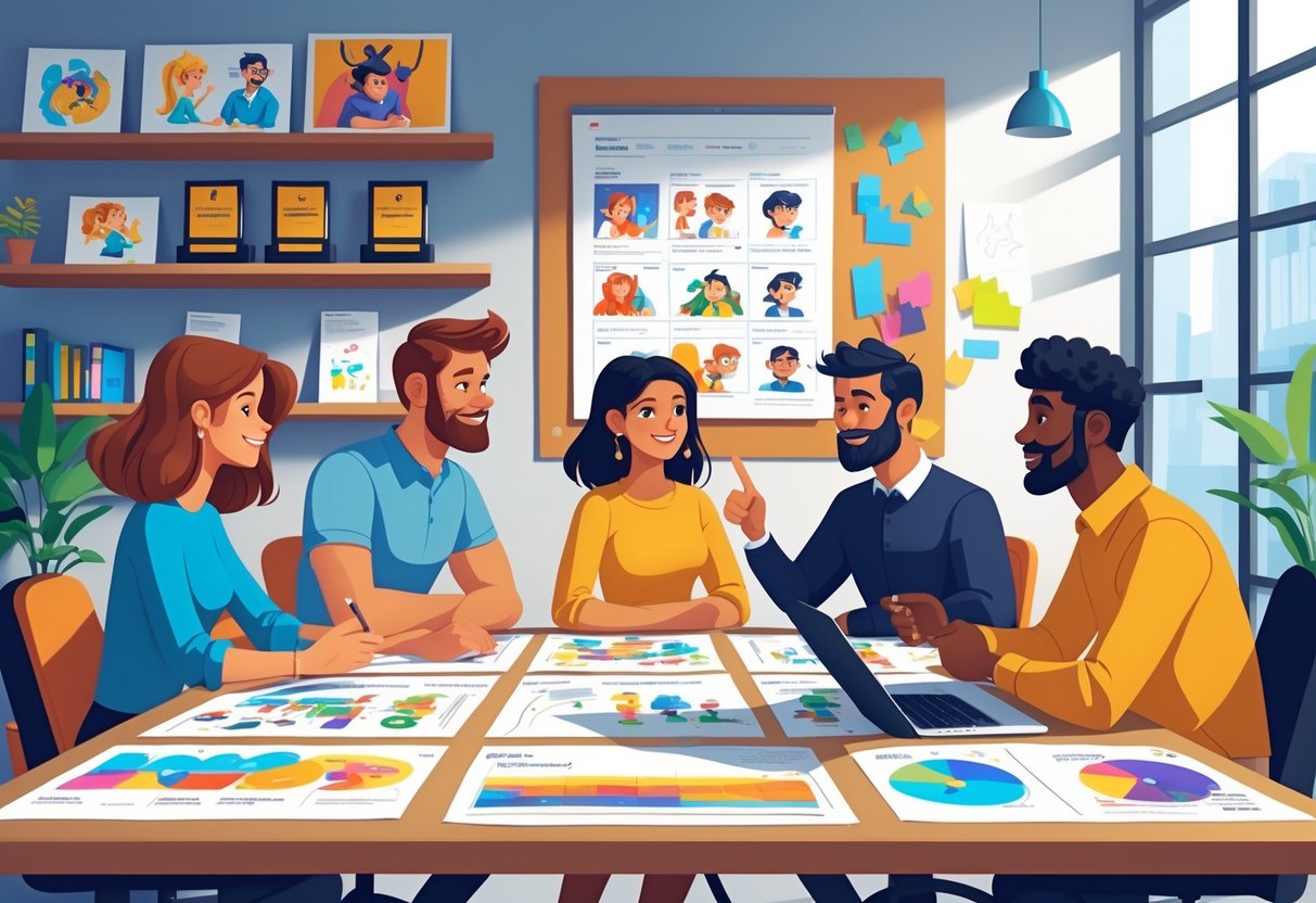 A group of people discussing animation project plans around a table with sketches and digital devices in a bright office.