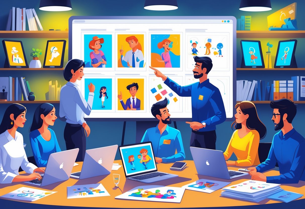 A group of creative professionals collaborating around a table with animation sketches and a large screen showing animation frames in a modern office.