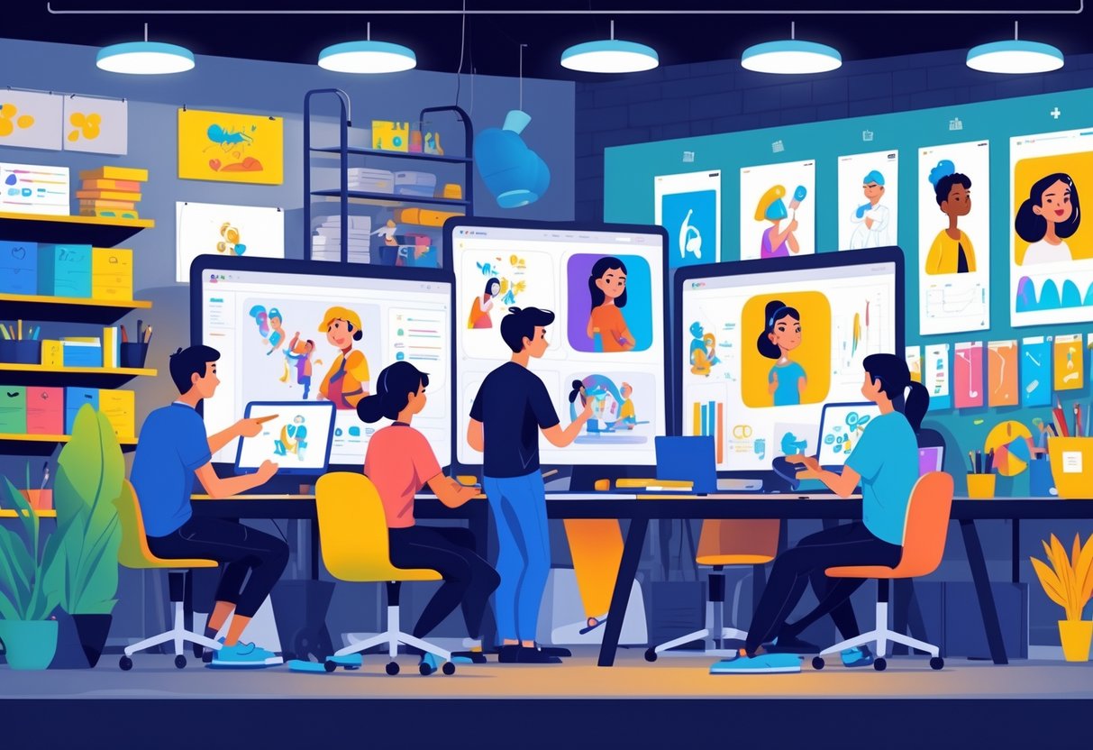 A group of animators working together in a studio surrounded by digital screens, drawing tablets, and animation materials.
