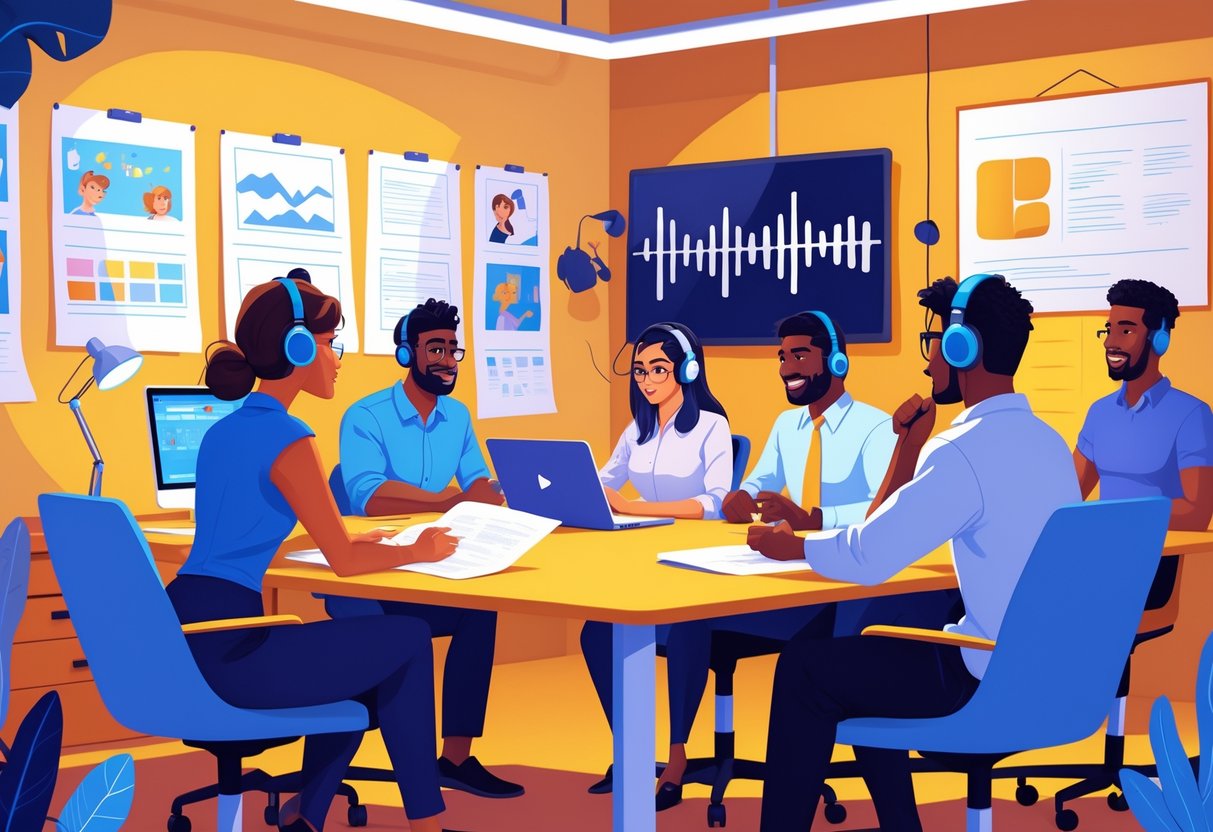 A group of people in a meeting room discussing script writing and voice-over for an animation project, with storyboards and recording equipment visible.