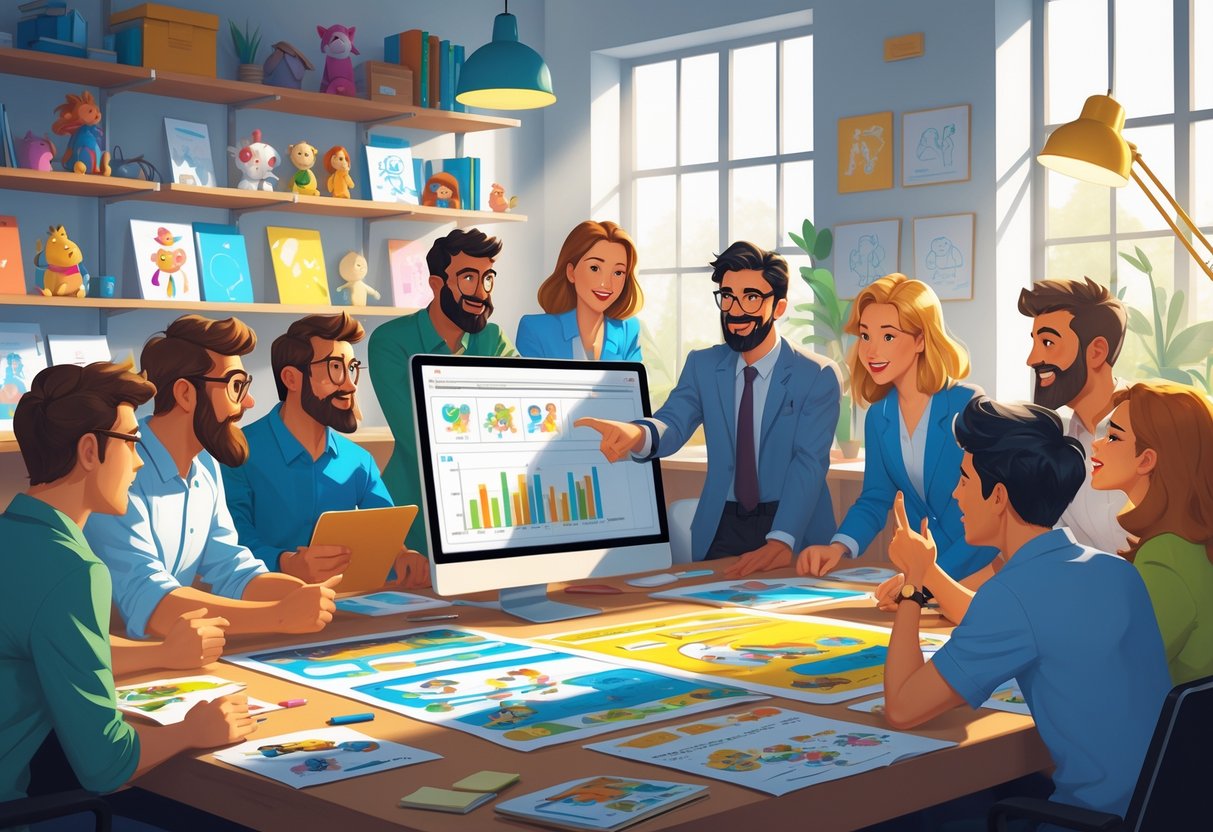 A group of people collaborating around a table with animation sketches and a computer screen in a creative studio.