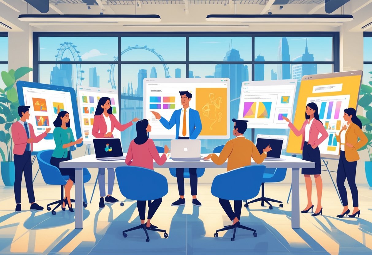 A group of creative professionals discussing animation projects around a table in a modern office with a UK cityscape visible through large windows.