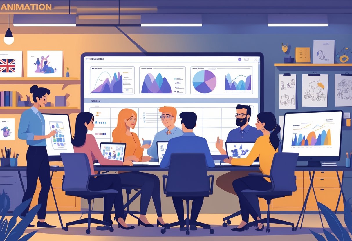 A group of creative professionals discussing animation projects in a modern office with a view of London outside the window.