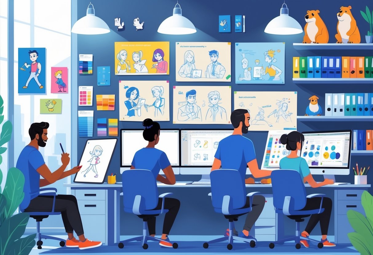 A team of animation professionals working together in a bright office, creating character designs, reviewing storyboards, and using computers with animation software.