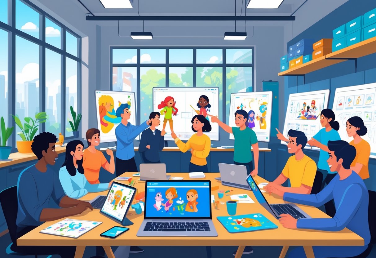 A group of people working together around a table with digital devices and animation sketches in a bright studio.