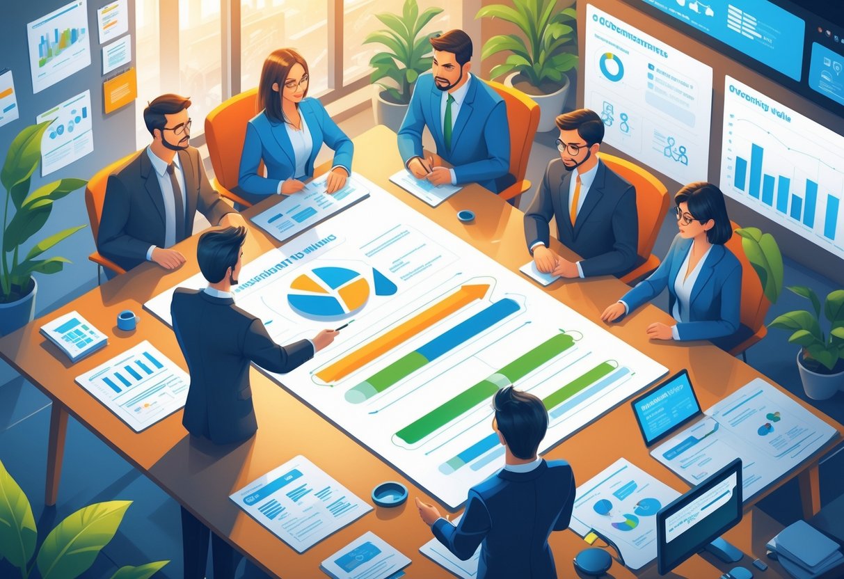 A group of professionals discussing financial documents and animation project plans around a table in an office.