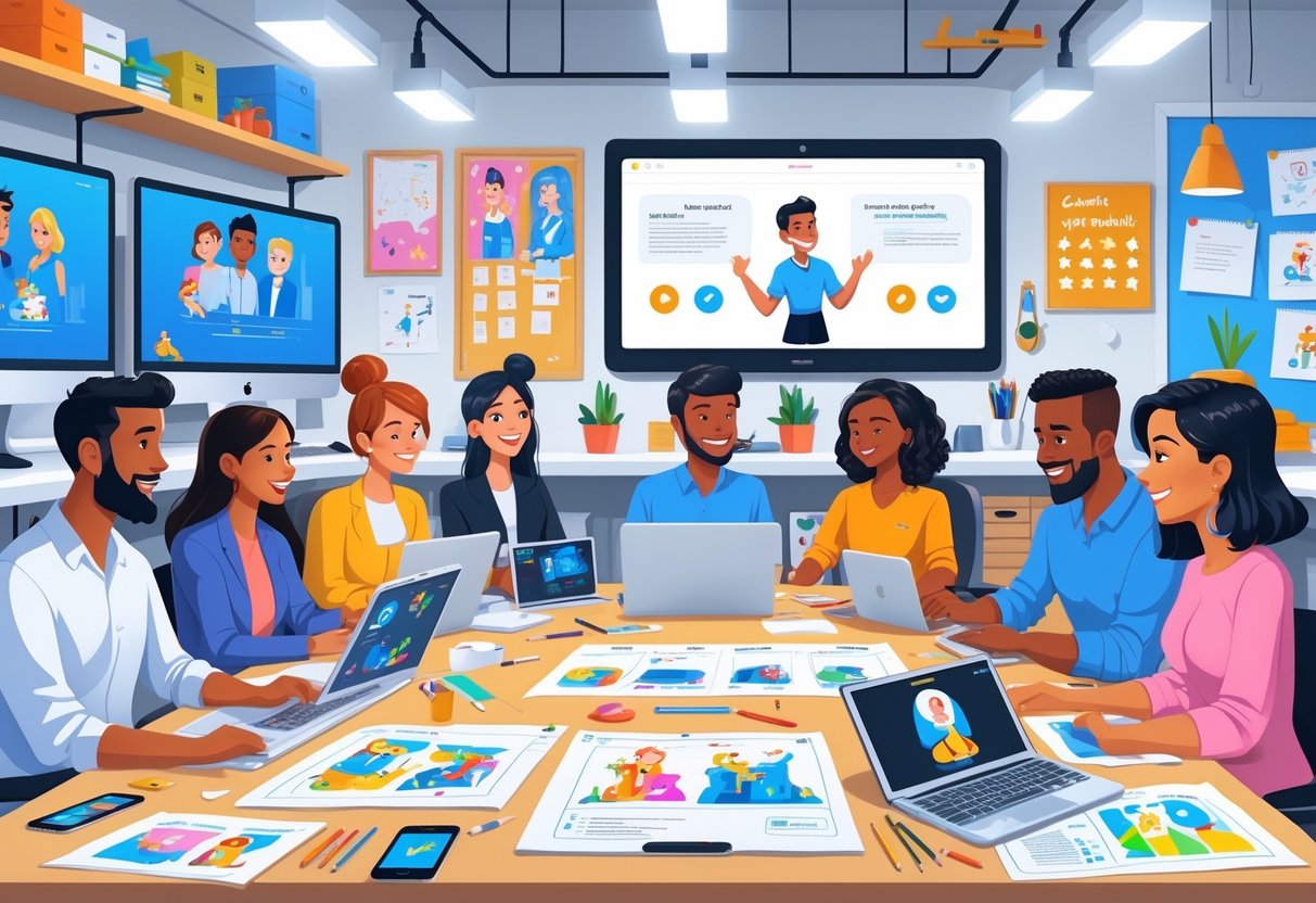 A group of creative professionals working together in a bright animation studio with storyboards, digital tablets, and computer screens showing animation, alongside a video call with a client and a board displaying client feedback.