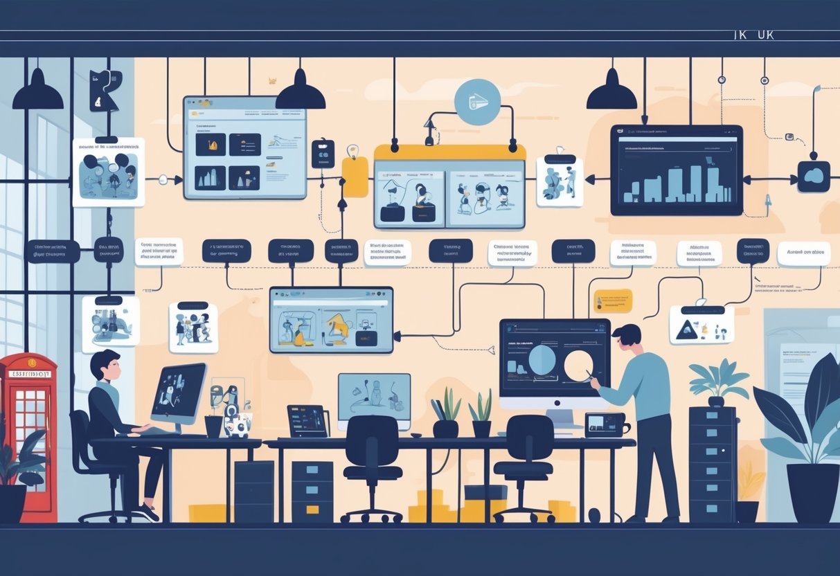 A creative studio showing the stages of animation production with artists working on sketches, digital animation, and editing, set against a backdrop including UK landmarks.