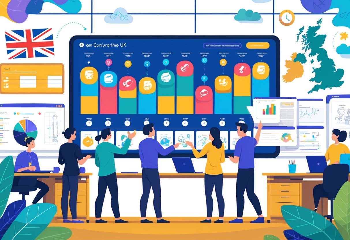 A team of professionals collaborating around a digital timeline in an office, discussing animation production stages and client feedback.