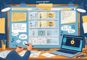 A person working at a desk with a storyboard showing character sketches and scene layouts, surrounded by notes and symbols indicating dialogue and audio cues.