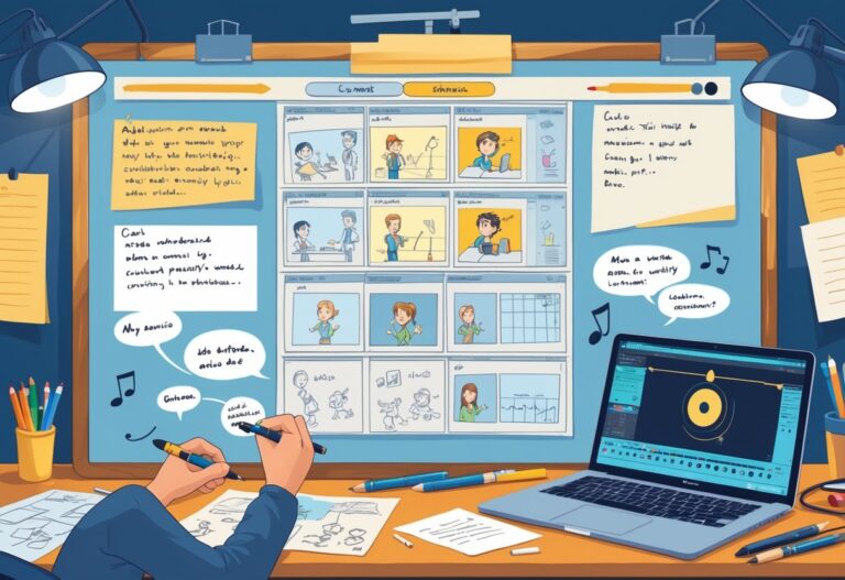 A person working at a desk with a storyboard showing character sketches and scene layouts, surrounded by notes and symbols indicating dialogue and audio cues.