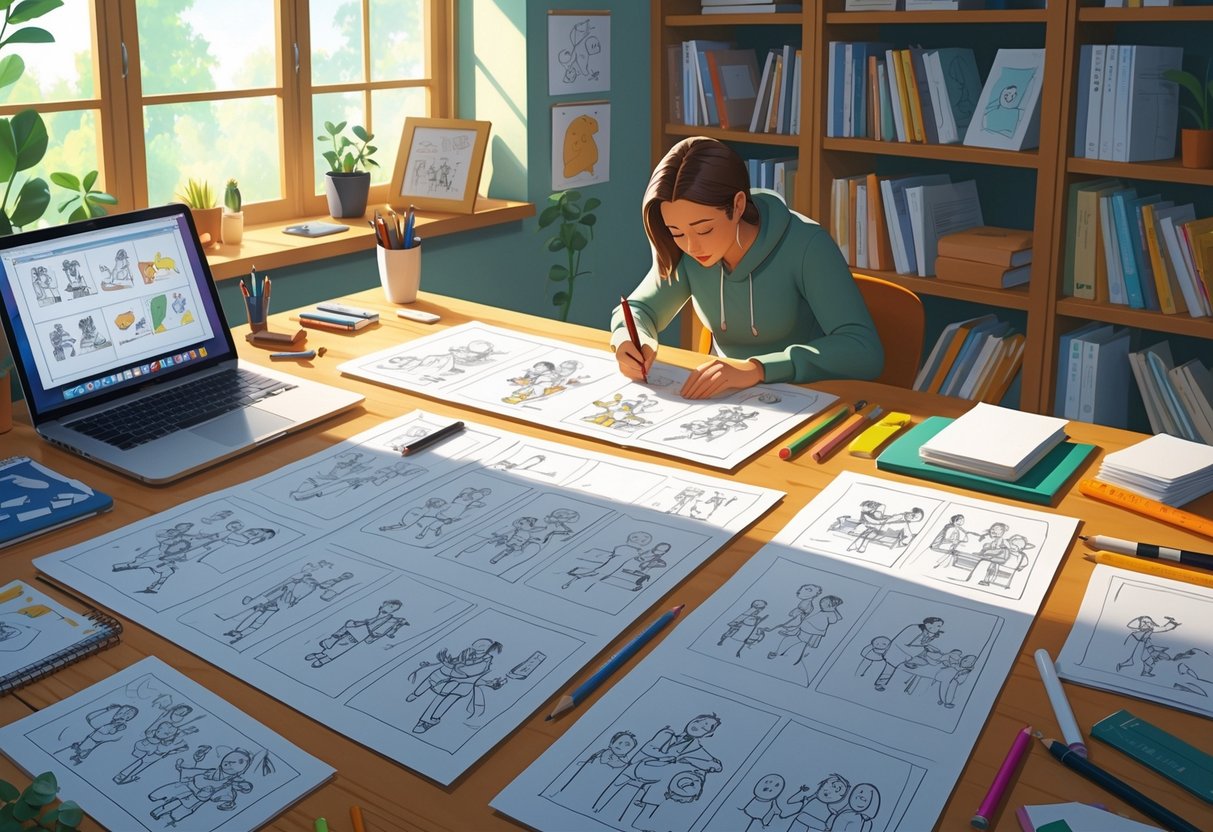 A person drawing storyboard sketches on a desk surrounded by animation tools and a laptop in a bright, organised workspace.