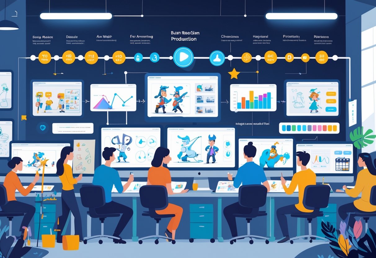 A creative workspace showing animators and designers working on different stages of animation production with digital screens and tools around them.