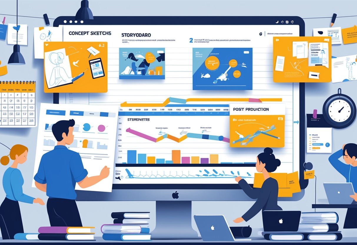 A workspace showing different stages of animation production with artists working on sketches, storyboards, and computer animation, alongside visual elements indicating the passage of time.