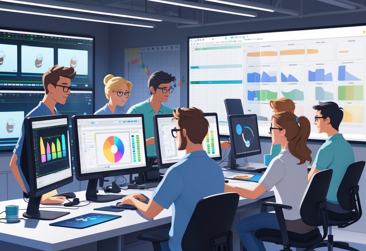 A team of animators and quality control specialists working together at computer workstations reviewing animation frames and rendering progress in a modern studio.