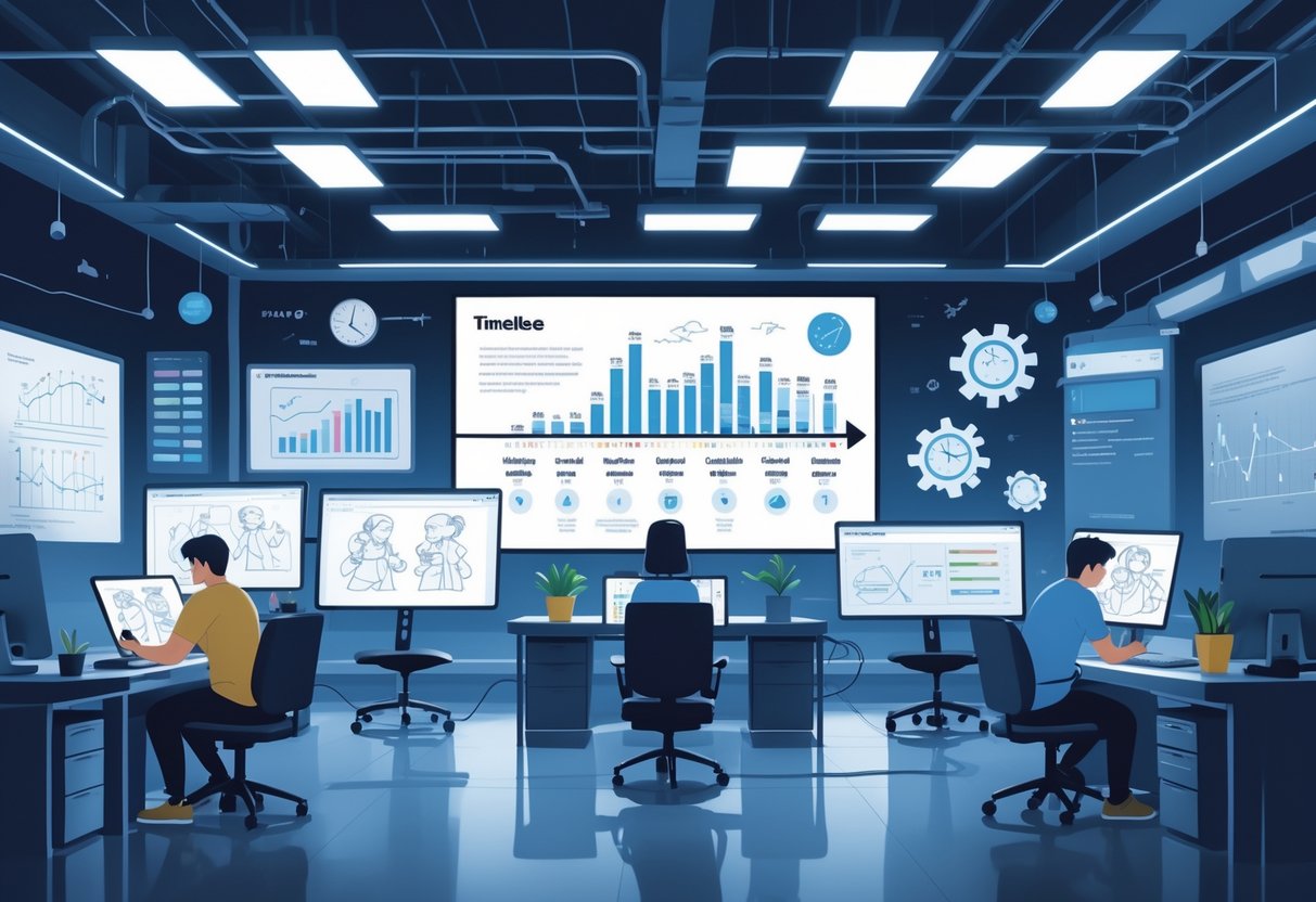 A creative studio showing animators working at desks with digital tablets, a large screen displaying an animation production timeline, and icons representing factors affecting production time.