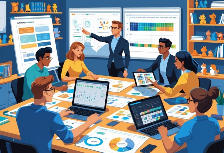 A team of people working together around a table with animation sketches, laptops, and a whiteboard showing project plans in a bright office.