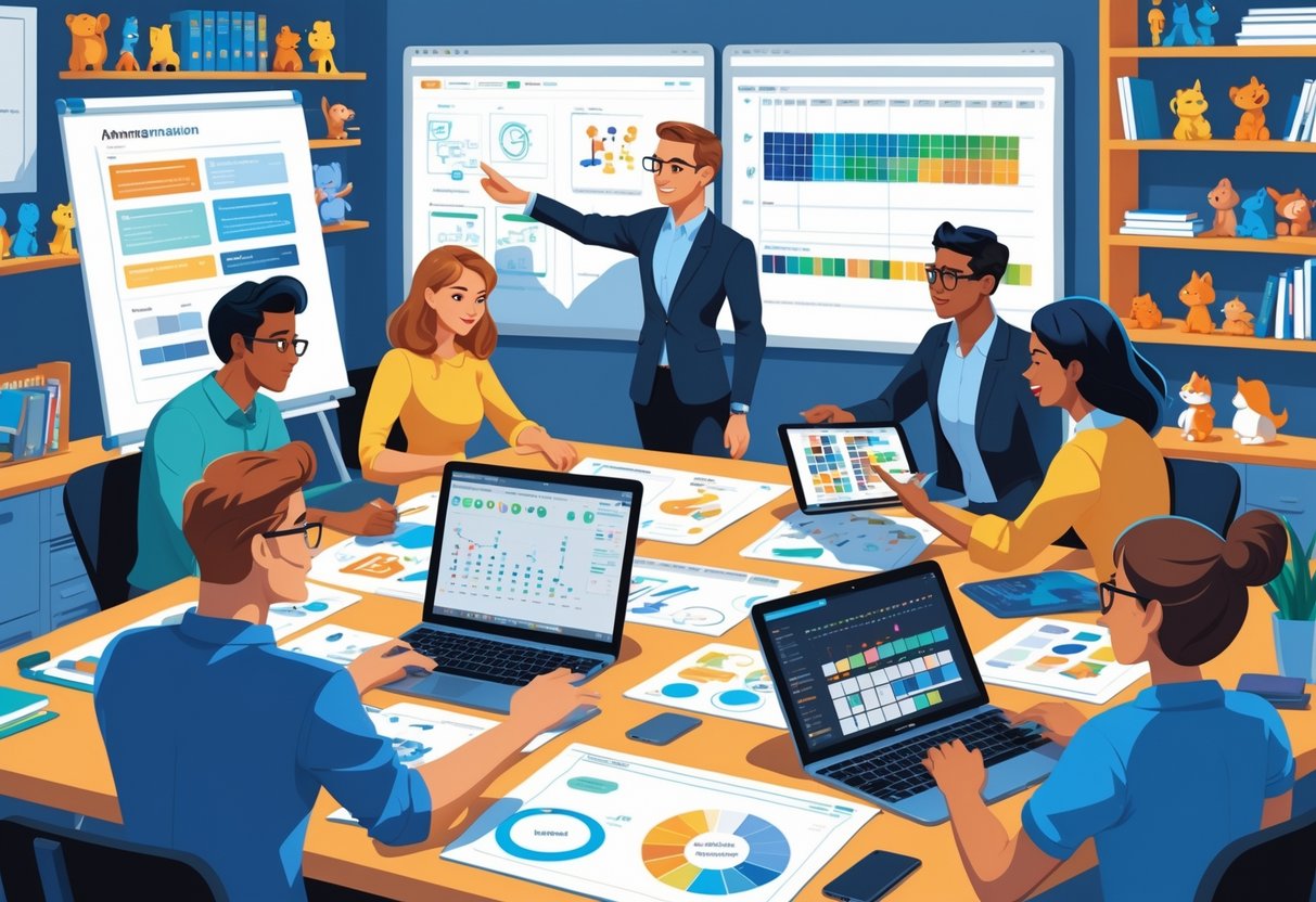 A team of people working together around a table with animation sketches, laptops, and a whiteboard showing project plans in a bright office.